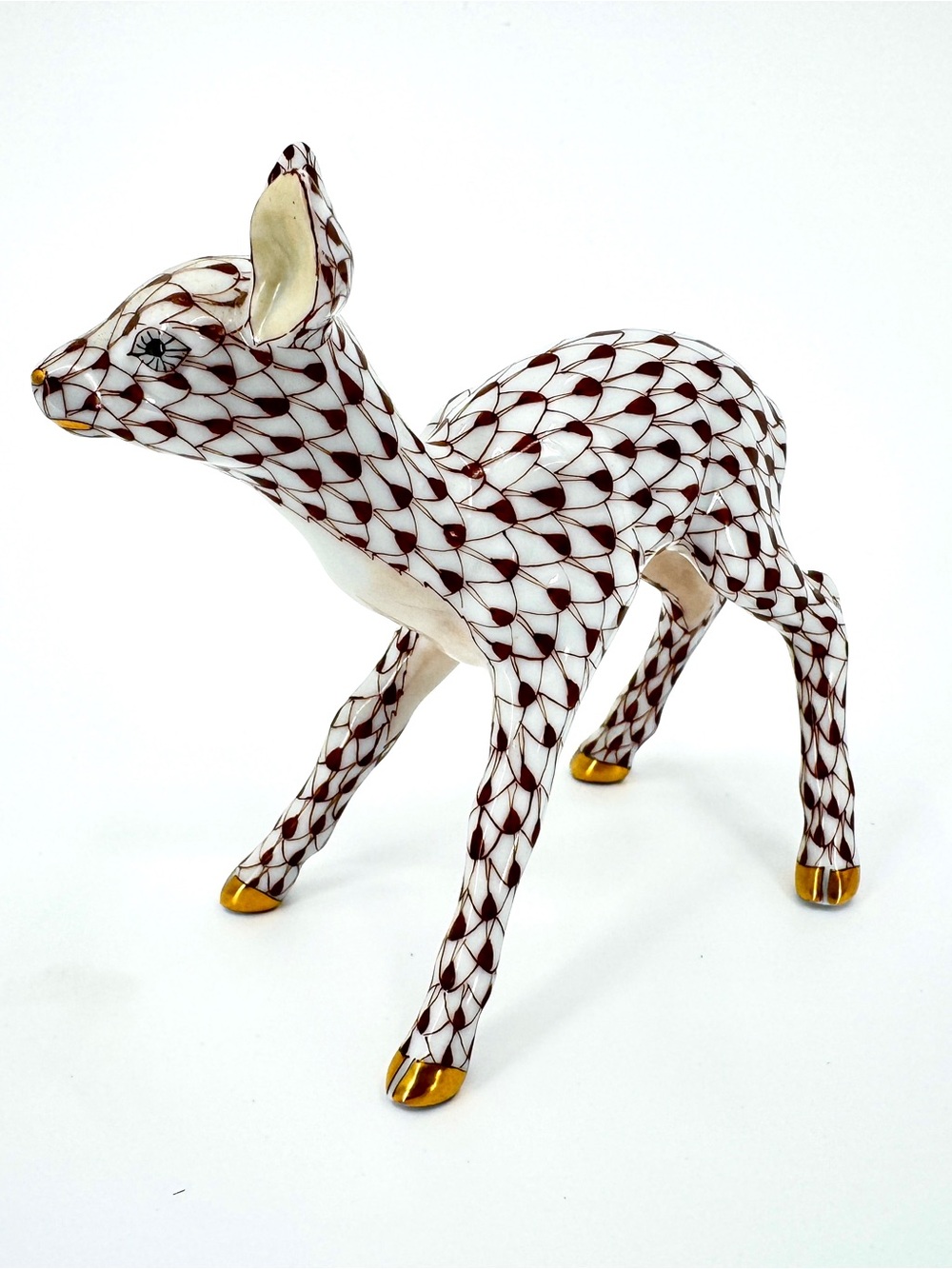 Vintage Herend Porcelain Fawn Figurine brown fishnet 24kgold accents 1st Edition